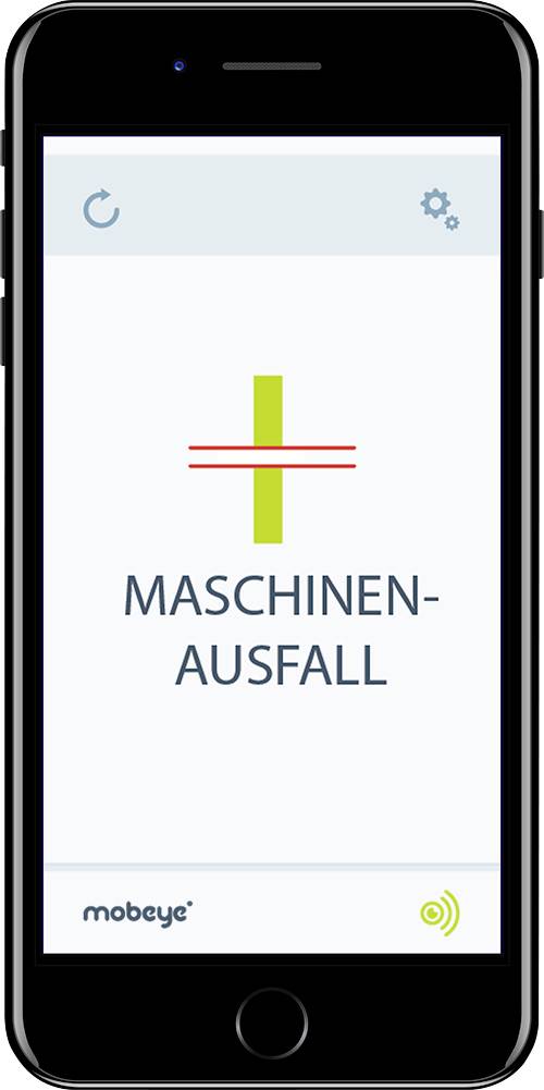 Ekran podręczny wyświetla słowo 'AWARIA MASZYNY' z żółtym krzyżykiem nad nim. W lewym górnym rogu symbol aktualizacji, u dołu logo 'mobeye'.