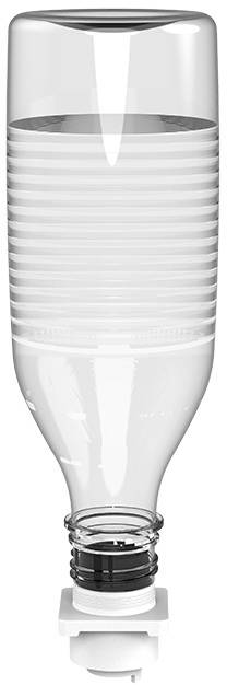 Pusta, przezroczysta butelka z nakrętką, stojąca do góry dnem, prawdopodobnie przeznaczona do dozownika płynów.