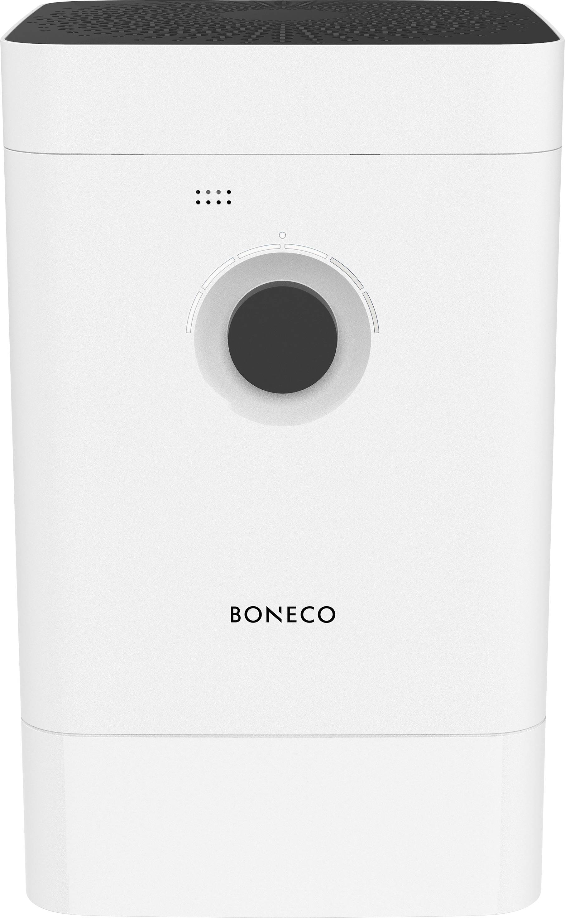 Biały, prostokątny nawilżacz powietrza z centralnym pokrętłem regulacyjnym. Na górze znajdują się szczeliny wentylacyjne. Marka: Boneco.