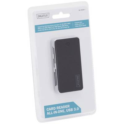 Czytnik kart „DIGITUS", obsługujący karty SD, microSD, MS, M2, CompactFlash. Złącze: USB 3.0. Wspiera transfer danych do 5 gigabitów na sekundę.