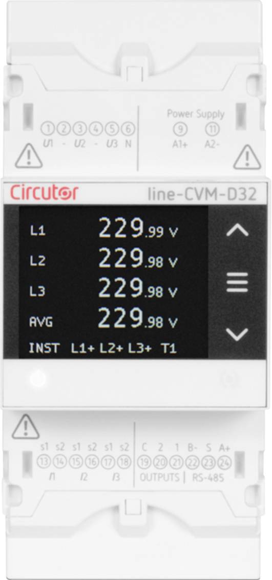 Cyfrowy trójfazowy miernik napięcia i prądu z wyświetlaczem, pokazujący aktualne napięcia faz L1, L2, L3 wraz z wyświetlaczem wartości średniej.