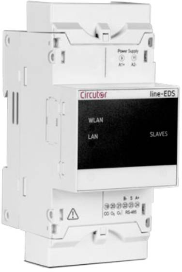 Elektroniczne urządzenie do montażu na szynie DIN z etykietami 'WLAN', 'LAN' i 'SLAVES' na wyświetlaczu.