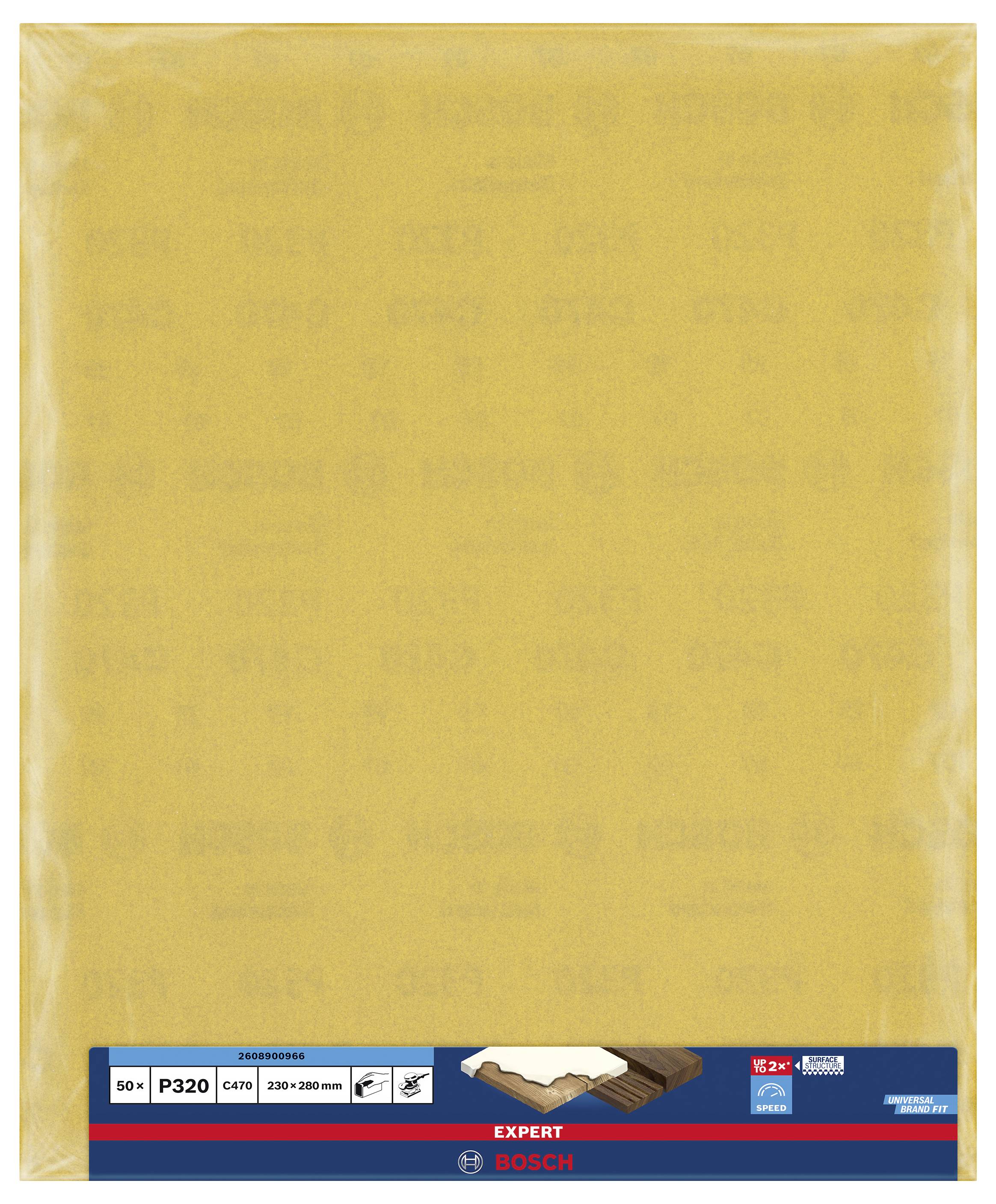 Arkusz papieru ściernego marki Bosch, ziarnistość P320, rozmiar 230x280mm, przeznaczony do precyzyjnego szlifowania drewna i innych materiałów.