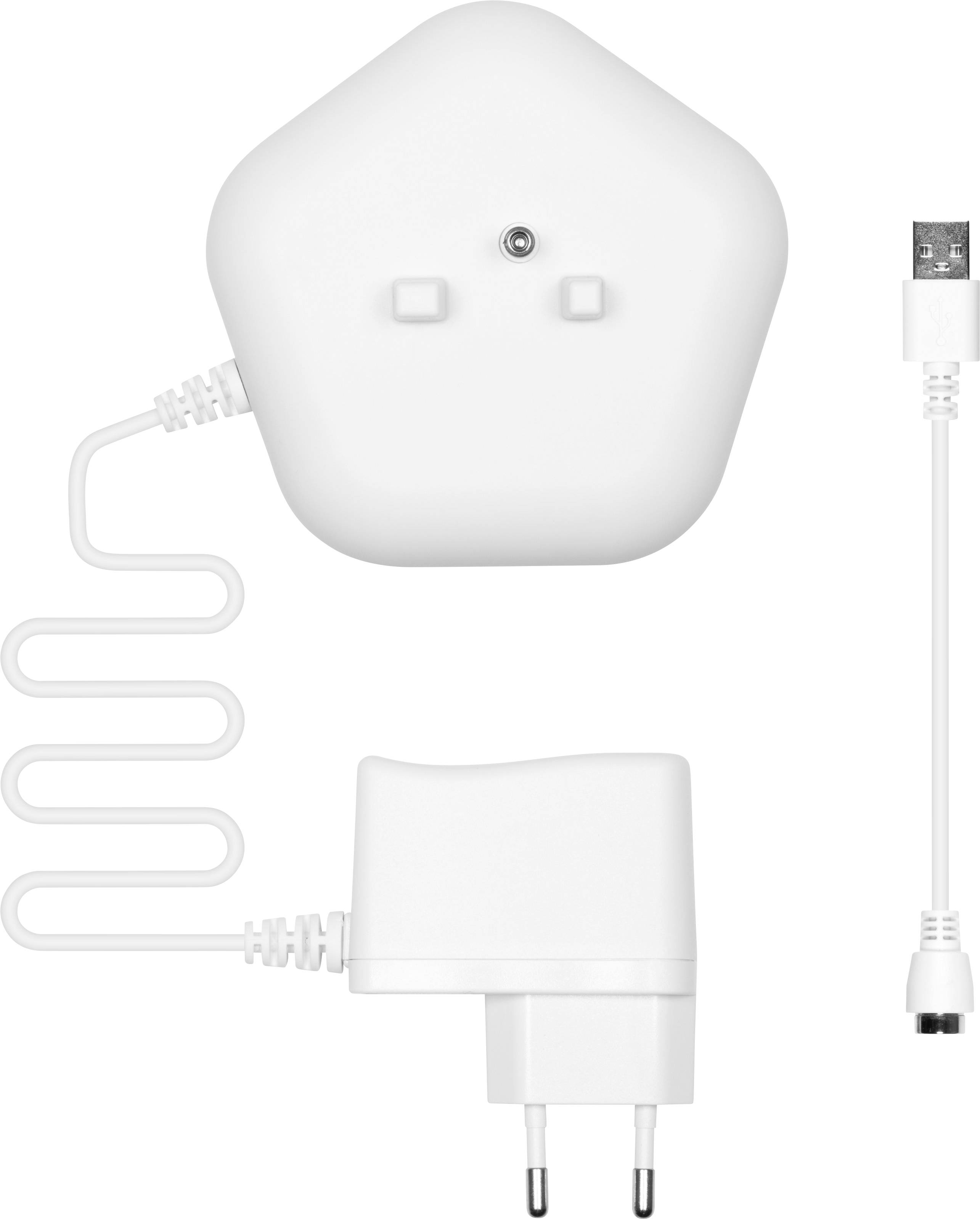 Biała ładowarka z wtyczką europejską i odłączanym przewodem USB, przeznaczona do użytku z urządzeniem lub jego akcesorium.