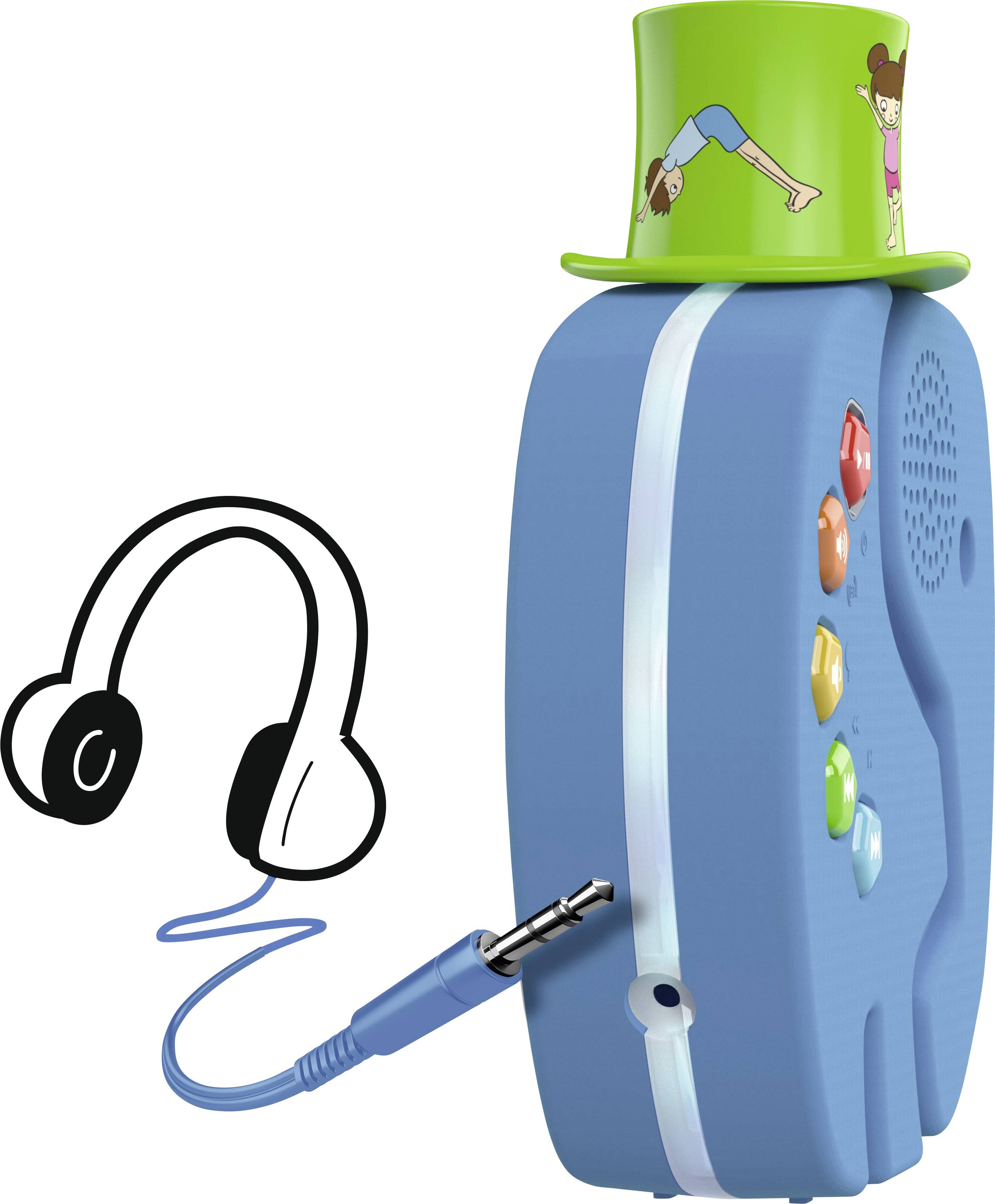 Niebieskie urządzenie elektroniczne z kolorowymi przyciskami i zielonym kapeluszem na wierzchu, połączone czarną słuchawką za pomocą niebieskiego przewodu.