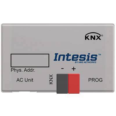 Moduł interfejsu KNX z polem wprowadzania adresu fizycznego, złączem KNX, a także przyciskiem programowania ('PROG') i jednostką prądu przemiennego (AC).
