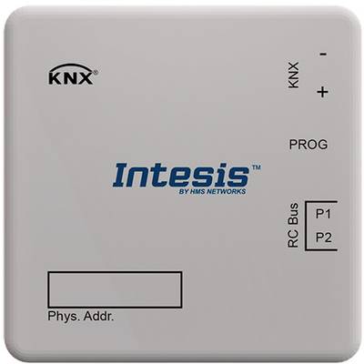 Białe urządzenie Intesis-KNX z przyciskiem programowania, złączem magistrali RC i obszarami adresu fizycznego. Odpowiednie do sterowania budynkiem.