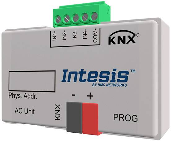 Moduł 'Intesis KNX' z przyłączami i oznaczeniami dla adresu fizycznego, 'Jednostka klimatyzacyjna', 'WE1-WE4', 'COM', 'KNX' i 'PROG'.