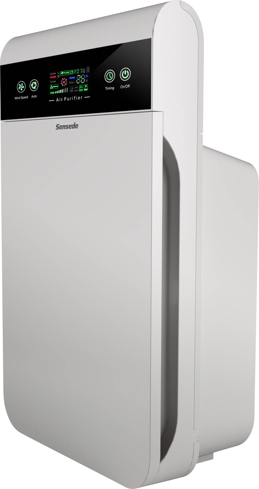 Oczyszczacz powietrza w nowoczesnym designie z wyświetlaczem cyfrowym. Wyświetla tryby pracy, jakość powietrza i stan filtra. Idealny do pomieszczeń mieszkalnych.