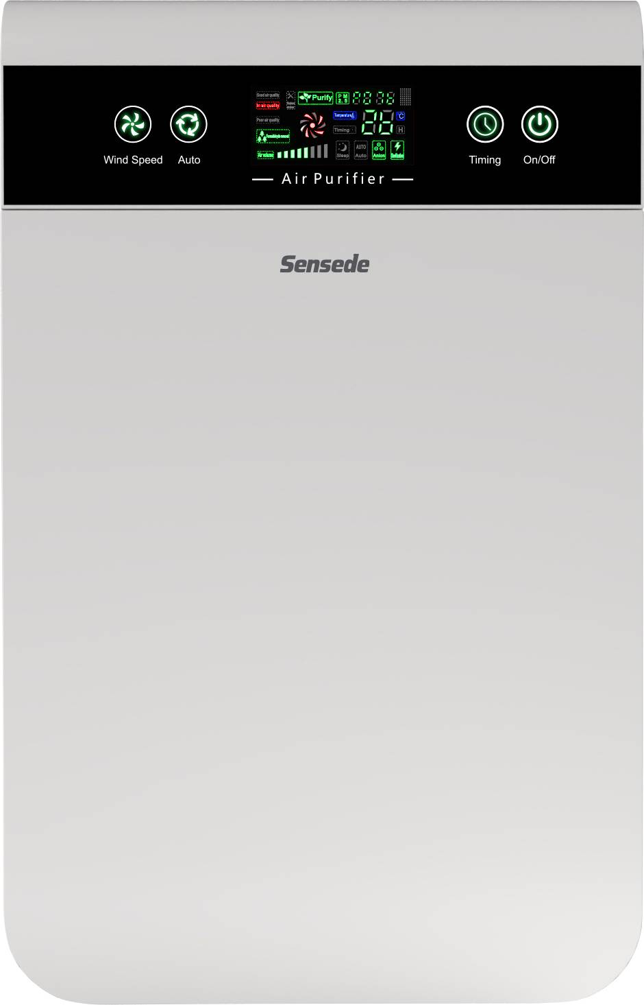 Oczyszczacz powietrza z cyfrowym wyświetlaczem. Pokazuje opcje sterowania, takie jak 'Prędkość wiatru', 'Tryb automatyczny', 'Timer' i 'Włącz/Wyłącz'.