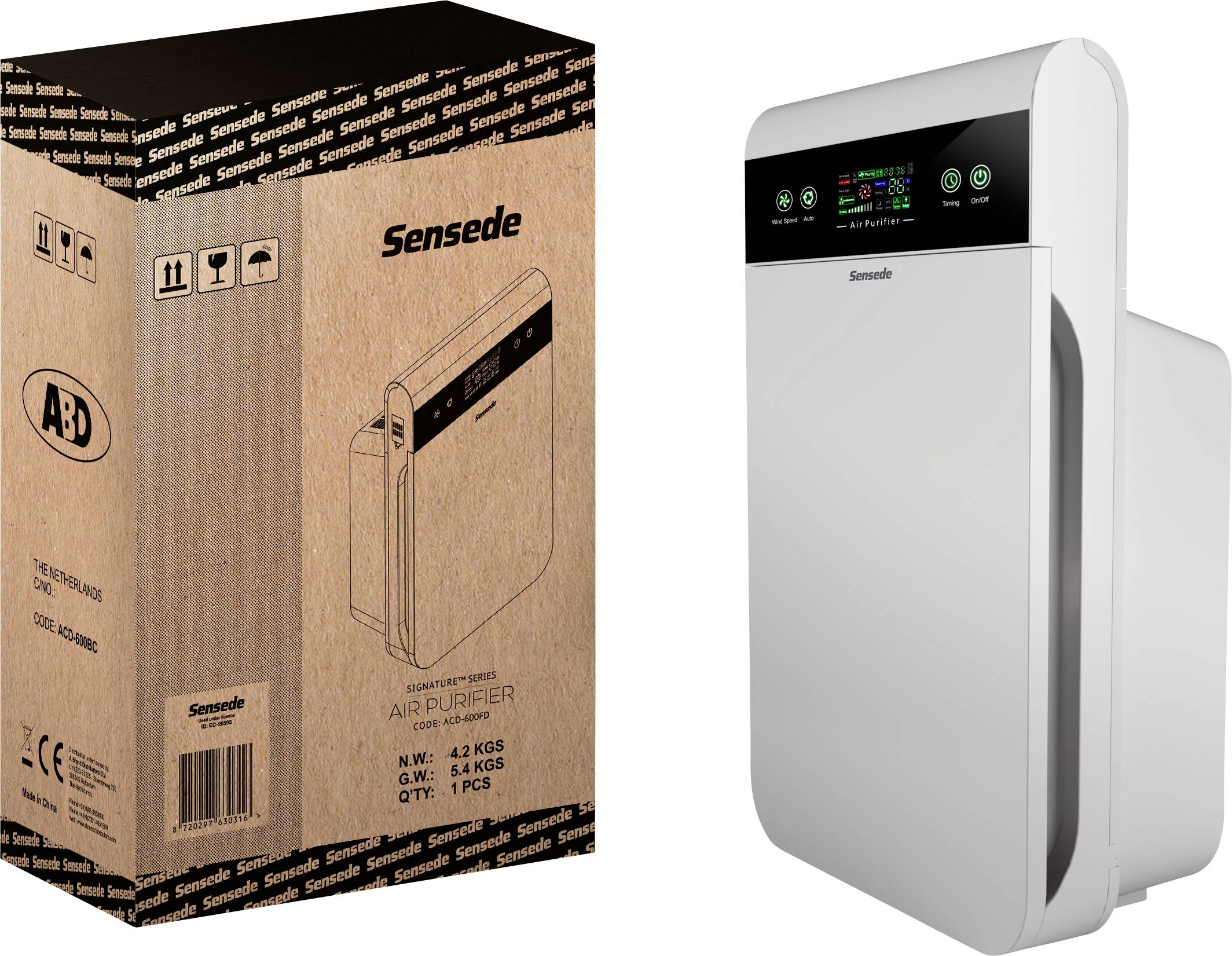 Oczyszczacz powietrza z cyfrowym wyświetlaczem i przyciskami sterującymi, umieszczony obok opakowania z informacjami o produkcie i logo marki.