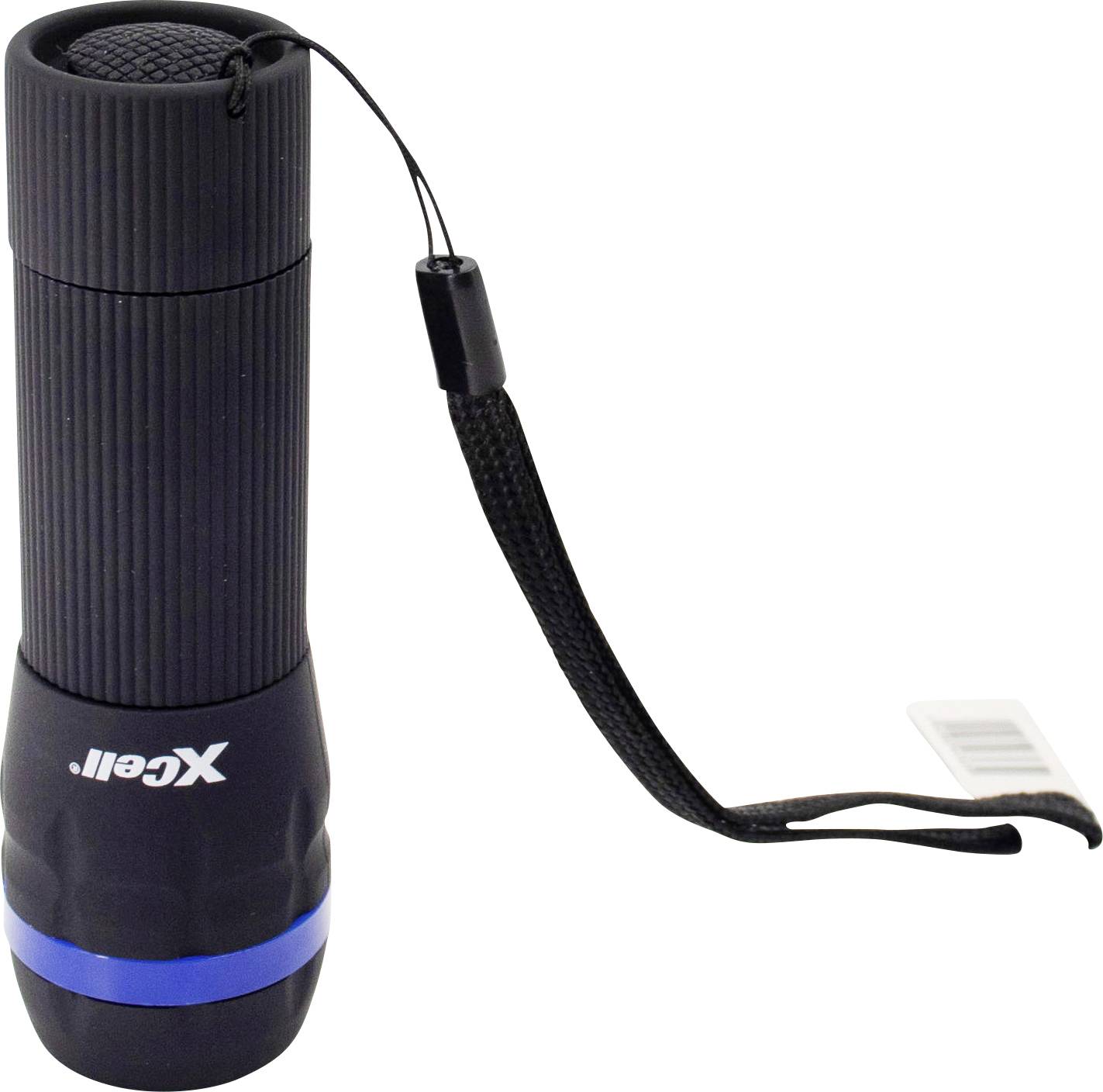 Czarna przenośna latarka z niebieskim pierścieniem i paskiem na rękę na białym tle.