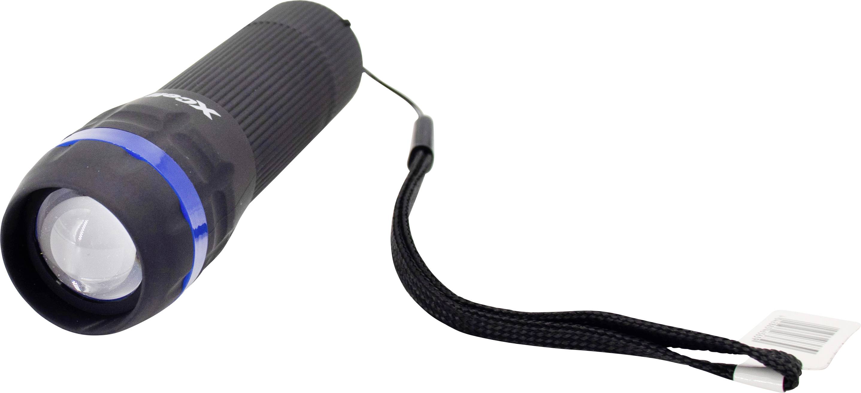 Mała, czarna latarka z niebieskim akcentem, ułożona poziomo. Posiada teksturowaną nakładkę ułatwiającą chwyt i pasek na rękę.