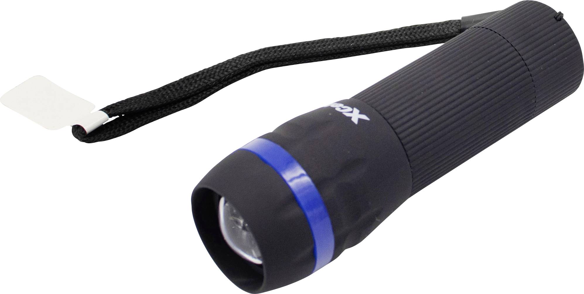 Czarna latarka z niebieską obwódką i pętlą do noszenia.