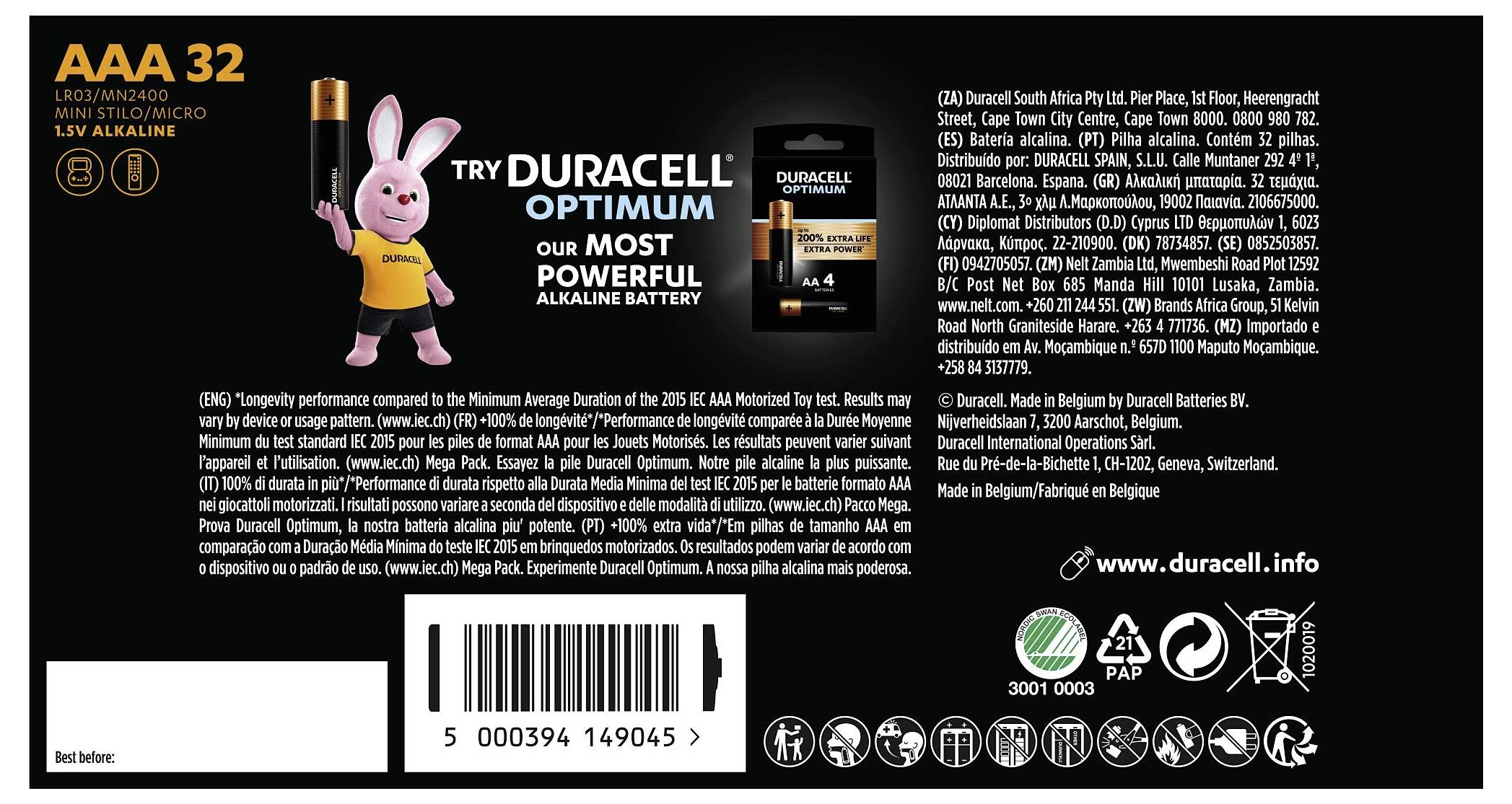 Opakowanie Duracell Optimum AAA w liczbie 32 sztuk z różowym maskotkiem w postaci króliczka. Zawiera tekst promujący jego potężne baterie alkaliczne.