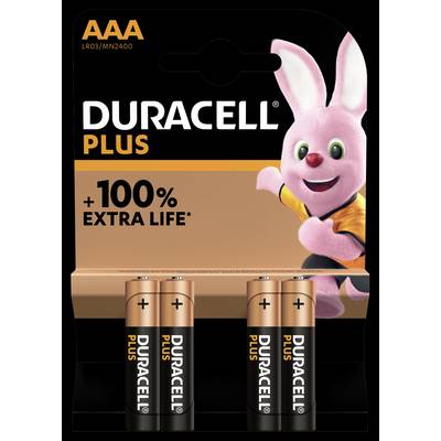 Dwie baterie AAA marki Duracell Plus w opakowaniu. Po prawej stronie widnieje różowy królik. Tekst: '+100% dodatkowej żywotności'.