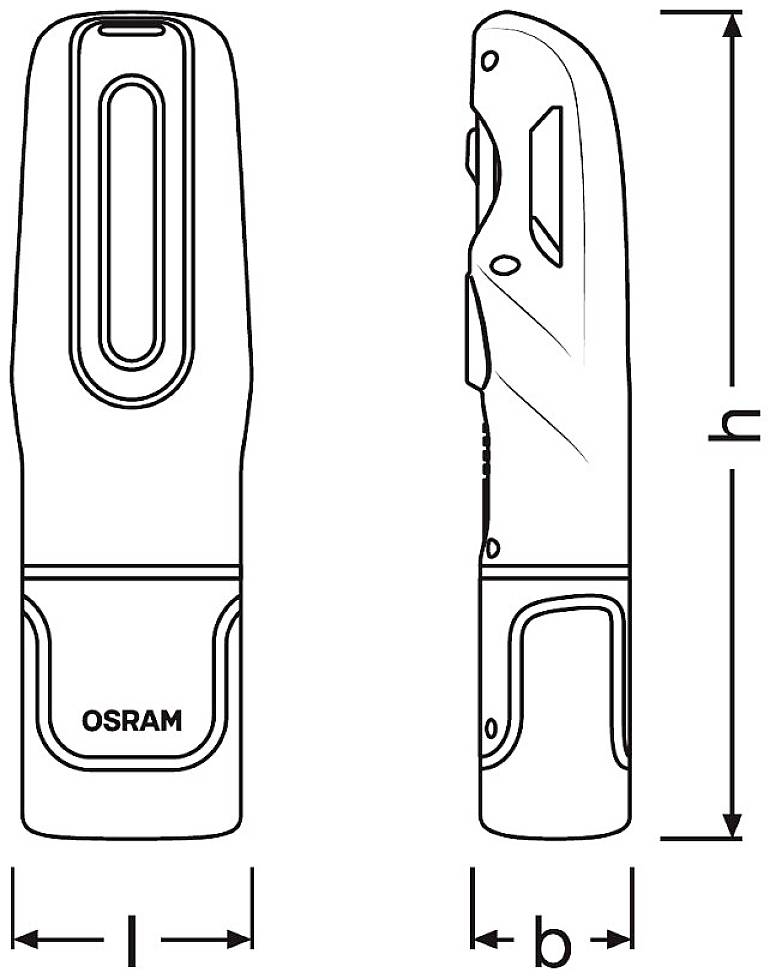 Rysunek techniczny latarki Osram. Przedstawia widok z przodu i z boku wraz z wymiarami l (szerokość), b (głębokość), h (wysokość).