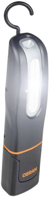 Przenośna, czarna lampa robocza LED Osram z hakiem i pomarańczowymi akcentami, świecąca jasno w kompaktowej obudowie.