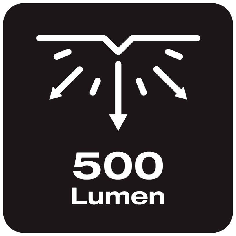 Symbol pokazuje wiązki światła i napis "500 lumenów", co wskazuje na natężenie światła.