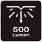 Symbol pokazuje wiązki światła i napis "500 lumenów", co wskazuje na natężenie światła.