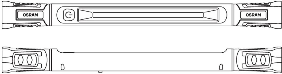 Diagram lampy rurowej firmy OSRAM, z przyciskiem włączania/wyłączania i paskiem świetlnym pośrodku, przedstawiający widok z przodu i z boku.