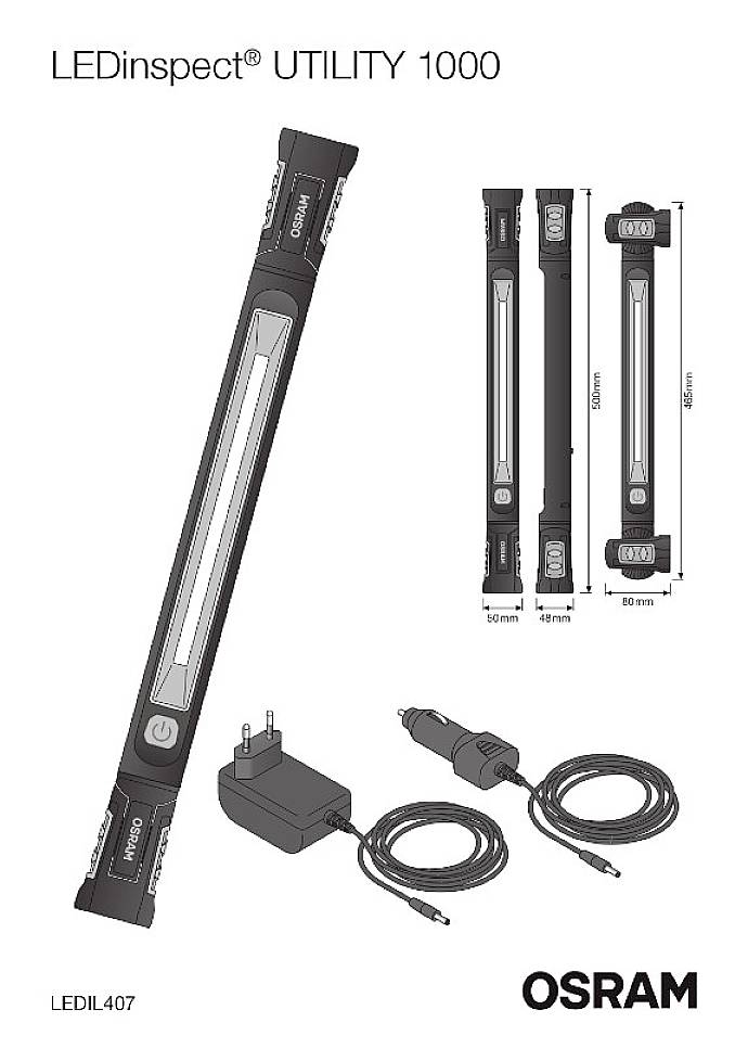 Latarka 'LEDinspect UTILITY 1000' firmy OSRAM przedstawiona z akcesoriami, w tym zasilaczem i kablem. Numer produktu: LEDIL407.