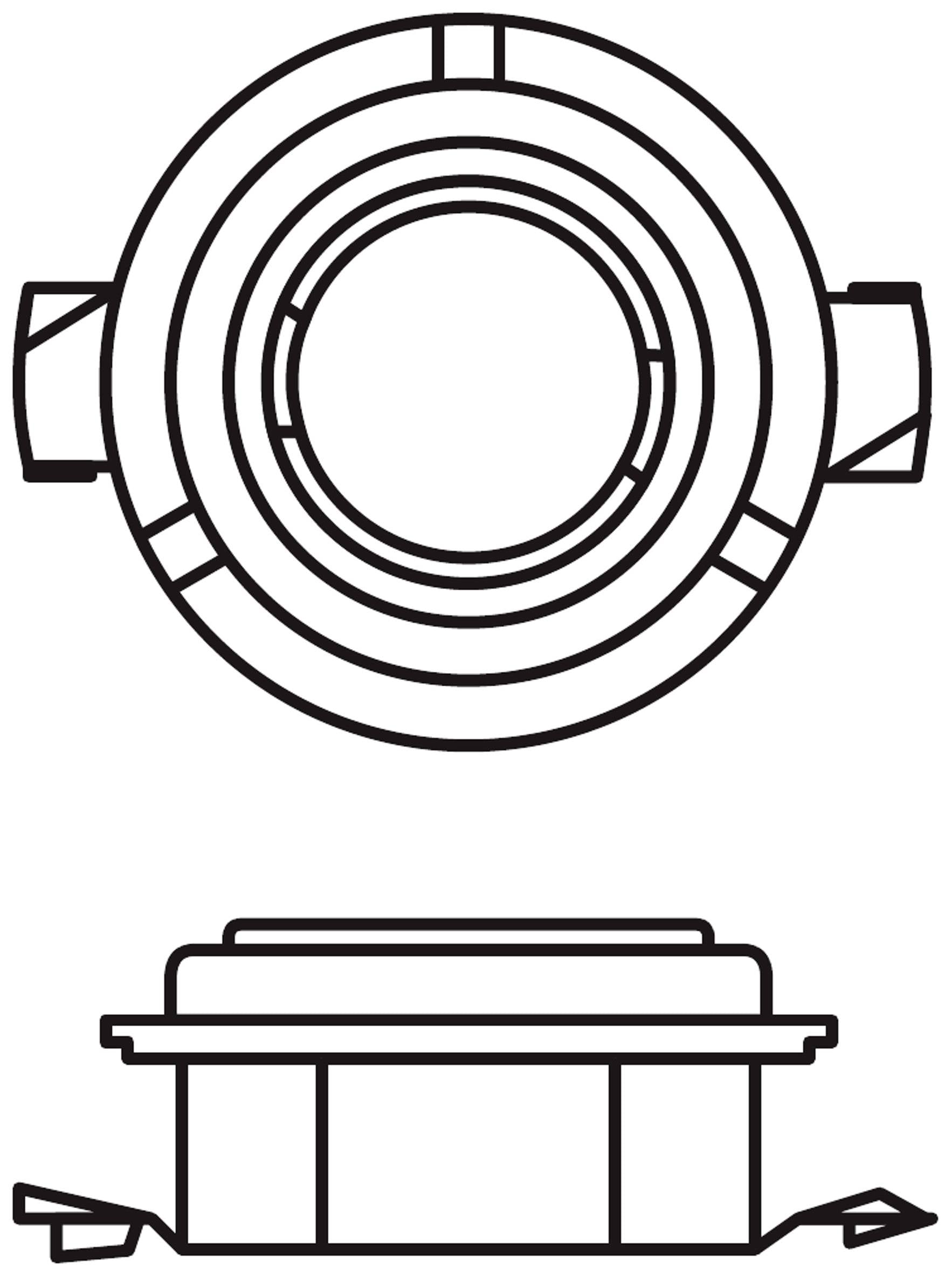Rysunek techniczny okrągłego, wpuszczanego reflektora sufitowego. Widok z góry na górze, widok z boku z widocznymi zamontowanymi zaciskami na dole.