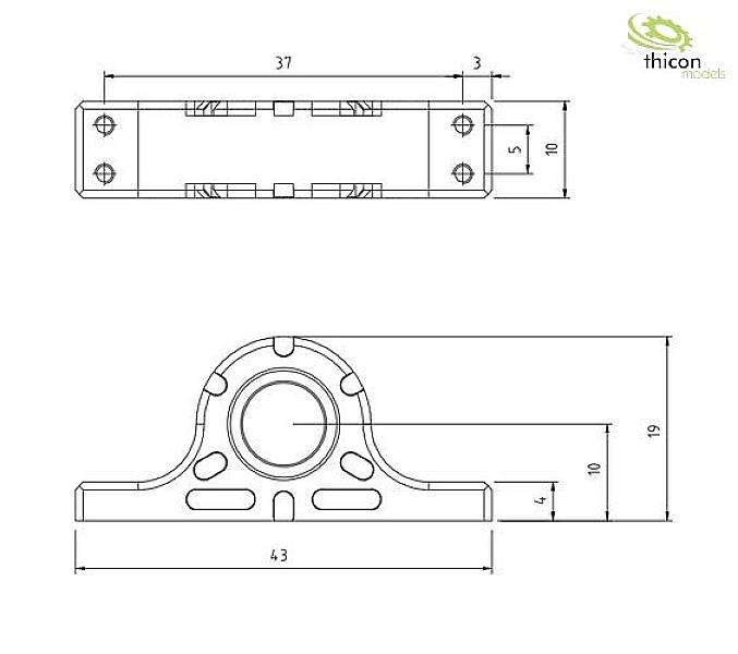 Rysunek techniczny uchwytu z dwoma widokami, z wymiarami w milimetrach, obejmujący długość, szerokość oraz pozycje otworów.