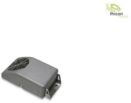 Szary wentylator chłodzący firmy Thicon Models zamontowany na metalowej ramie; logo marki w górnym prawym rogu.