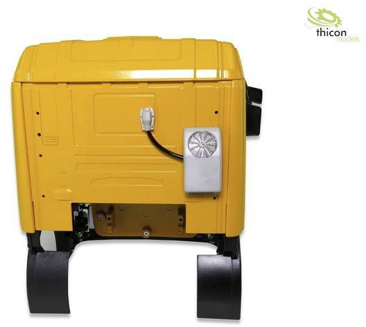 Żółty model obudowy maszyny z czarną podstawą, widok z prawej strony. Logo Embro 'thicon' w prawym górnym rogu.