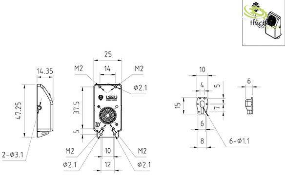 Ten diagram techniczny przedstawia widok z przodu i z boku elementu wraz ze wskazówkami dotyczącymi wymiarów, pozycjami śrub i otworami.