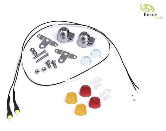 Zestaw modelarski zawiera metalowe uchwyty, śruby, przewody i kolorowe plastikowe pokrywy. W prawym górnym rogu znajduje się logo 'thicon models'.