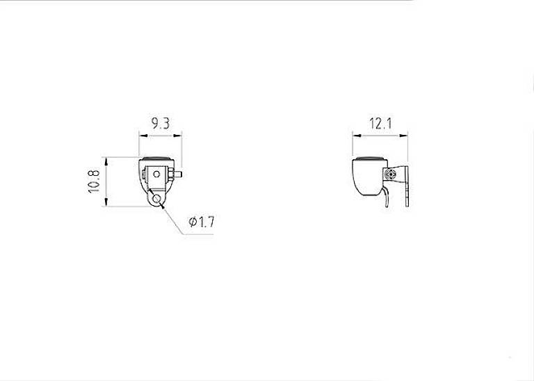 Rysunek techniczny cylindrycznego elementu o wymiarach: szerokość 9,3 mm, głębokość 12,1 mm, wysokość 10,8 mm, średnica 1,7 mm.