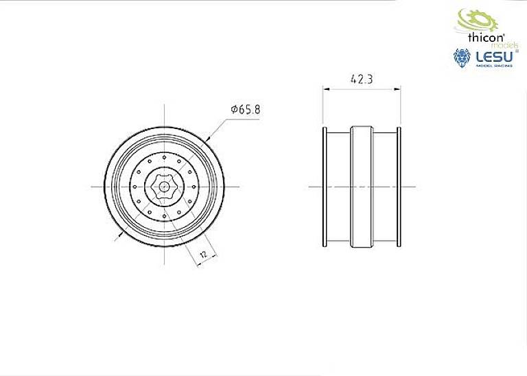 'Rysunek techniczny koła o średnicy 65,8 mm i szerokości 42,3 mm.'