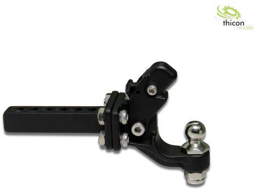 Czarna haka holownicza z główką kulową, zamontowana na prostokątnej płycie mocującej z wieloma otworami montażowymi, logo 'thicon models' w prawym górnym rogu.