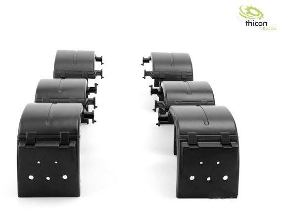 Sześć czarnych plastikowych błotników, ułożonych w dwóch rzędach, do modeli ciężarówek firmy Thicon Models na białym tle.