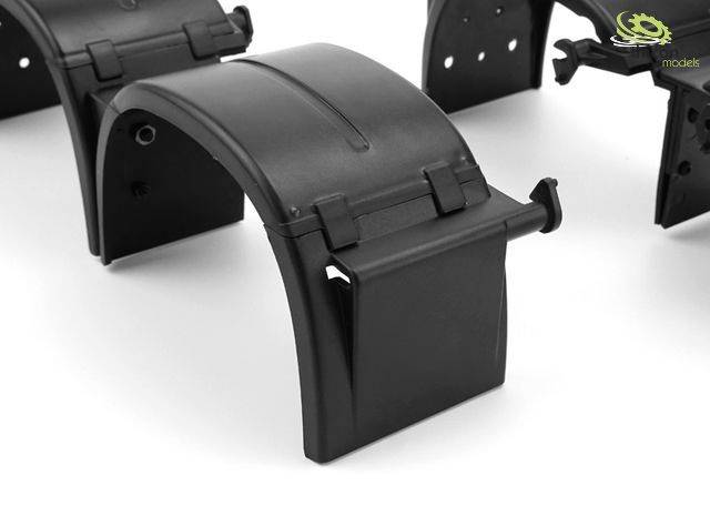 Czarne elementy plastikowe na białym tle, prawdopodobnie komponenty obudowy lub pokrywy z zawiasami i haczykami.