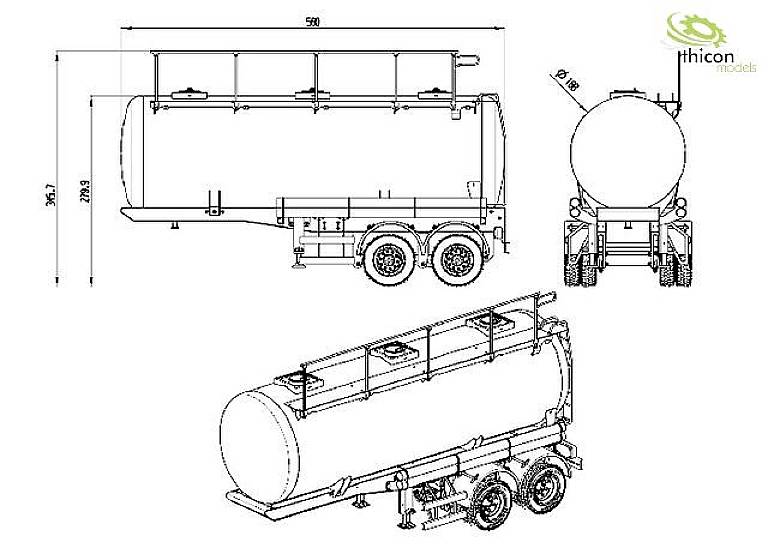 Rysunek techniczny naczepy cysterny z widokiem z boku, tyłu oraz pod skosem. Przedstawiono wymiary i perspektywy.