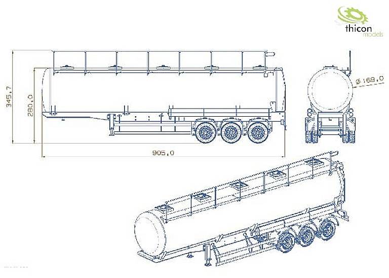 Rysunek techniczny przyczepy autocysterny z wymiarami w milimetrach, widok z boku, z przodu i perspektywiczny. Logo Thicon w prawym górnym rogu.
