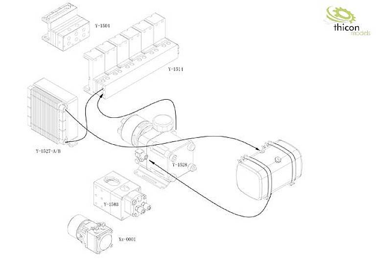 Rysunek techniczny systemu hydraulicznego z wieloma komponentami połączonymi liniami. Logo 'thicon models' w prawym górnym rogu.