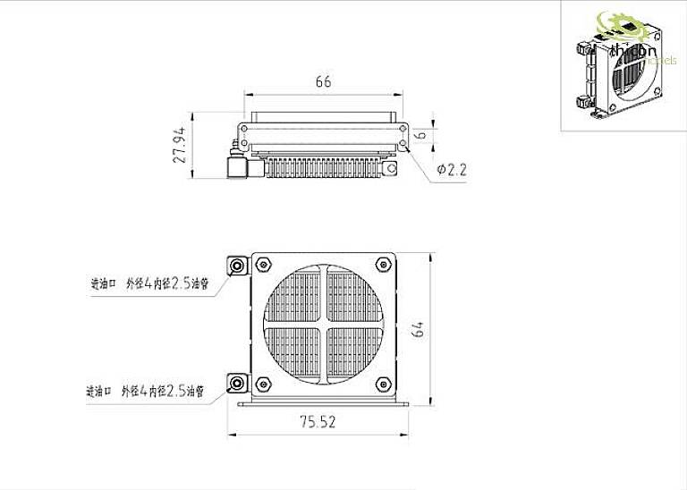 Rysunek techniczny modułu chłodzącego z wymiarami w milimetrach, przedstawiający widok z przodu i z boku. Główne wymiary: 75,52 mm x 64 mm.