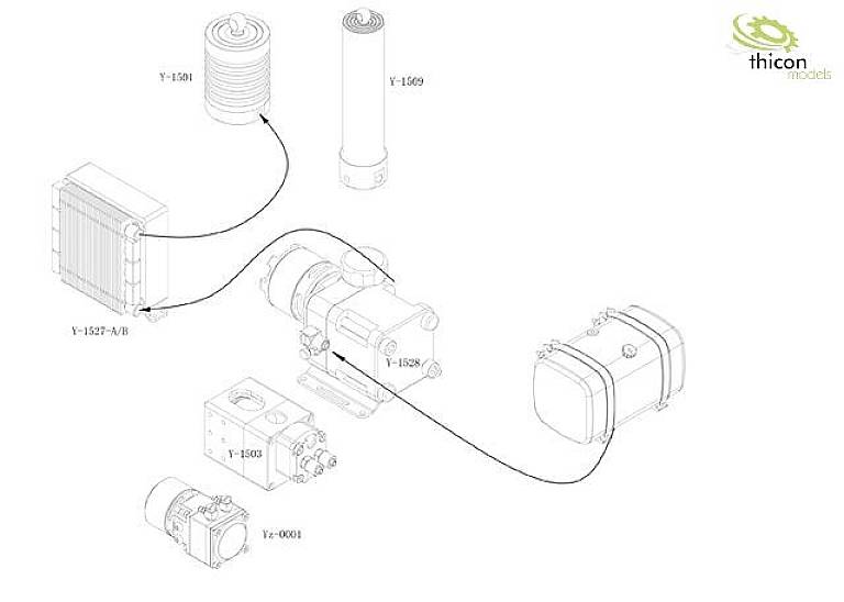 Schemat okablowania silnika z różnymi komponentami, takimi jak Y-1501, Y-1609. Zawiera logo Thicon Models.