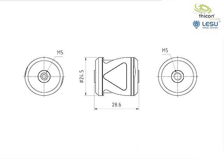 Rysunek techniczny części cylindrycznej o średnicy 24,5 mm i długości 28,6 mm. Widok z boku i z przodu.