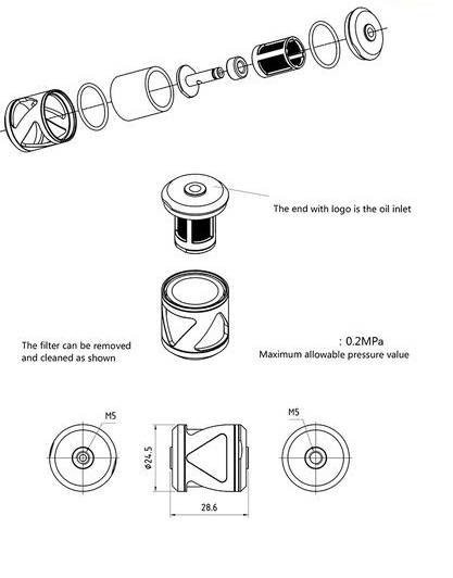 Rysunek rozstrzelony filtra z wymiarami w milimetrach. Opisy: 'Koniec z logo jest wlotem oleju', 'Filtr można wyjąć i wyczyścić, jak pokazano', '0,2 MPa maksymalna dopuszczalna wartość ciśnienia'.