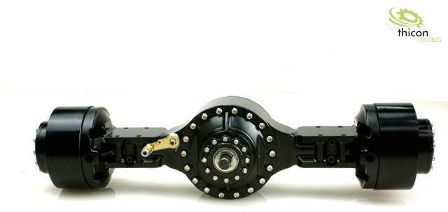 Czarny moduł osi do modelarstwa z centralnym kołem zębatym i napędami bocznymi. W prawym górnym rogu logo 'thicon models'.