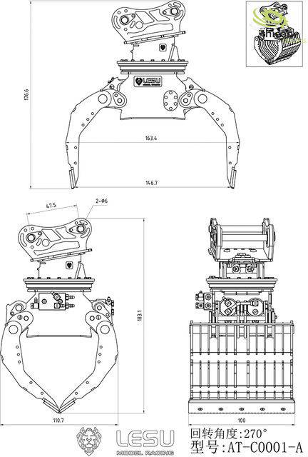 Rysunek techniczny mechanicznego chwytaka z wieloma widokami. Przedstawiono szczegóły budowy, wymiary oraz kąty obrotu.