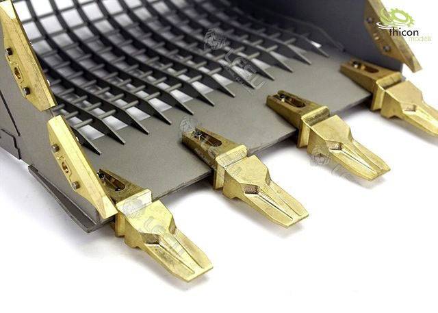 Obraz mechanicznego chwytaka z metalu z pięcioma złotymi zębami, które prawdopodobnie służą do chwytania przedmiotów.