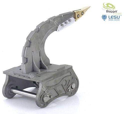 Przemysłowy hak z metalowymi pazurami, zakrzywiony ze złotym ostrzem, zamontowany na prostokątnej podstawie.