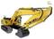 Żółta koparka gąsienicowa z długim wysięgnikiem, model firmy Thicon Models.