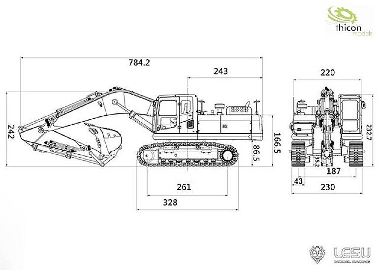 Rysunek techniczny koparki z wymiarami bocznymi i frontalnymi w milimetrach. Logo producenta w górnym prawym i dolnym lewym rogu.
